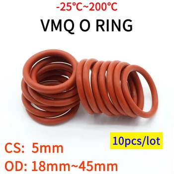 10 adet VMQ O Ring Conta Conta Kalınlığı CS 5mm OD 18 ~ 45mm Silikon Kauçuk Yalıtımlı Su Geçirmez Yıkayıcı Yuvarlak Şekil Toksik Olmayan Kırmızı