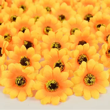 100 adet Ayçiçeği Kafa yapay çiçekler Sarı Gerbera Çiçek Düğün Dekorasyon DIY Çelenk Hediye Kek Kutusu Dekor Parti Malzemeleri