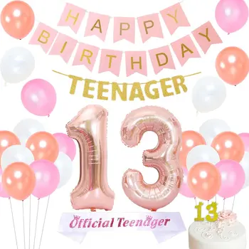 13th Doğum Günü Partisi Süslemeleri Kızlar için Malzemeleri Gül Altın Kanat Genç Garland Mutlu Doğum Günü Afiş Numarası 13 Folyo Balon
