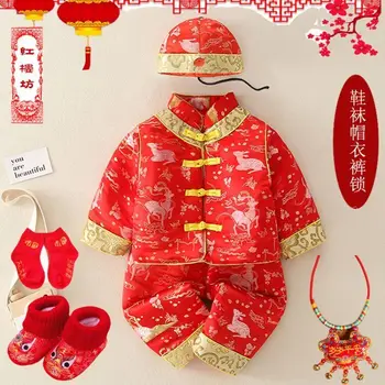 15 Stilleri 6 Adet Set Kış Sıcak Bebek Çin Yeni Yıl Giysileri Çocuklar Tang Takım Elbise Kırmızı Kız Üst Pantolon Ayakkabı Şanslı Saten Kostüm Hediye