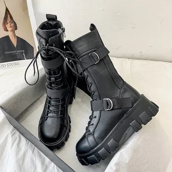 2021 Kadın Orta Buzağı Çizmeler Sonbahar Kış Punk Hakiki Deri Çizmeler Kadın Fermuar Çapraz bağlı binici çizmeleri Yüksek Topuklu Ayakkabılar Kadın