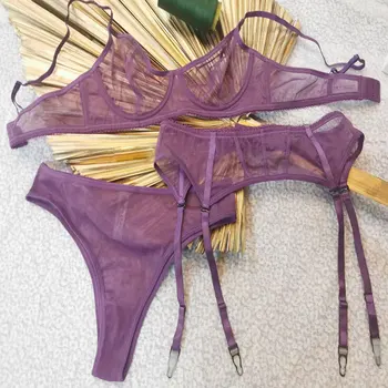 3 ADET Örgü Tanga İç Çamaşırı Seti Şeffaf G-String Bayan Seksi İç Çamaşırı Setleri Dantel Bralette Kadın Moda Jartiyer İç Çamaşırı