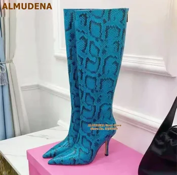ALMUDENA Mavi Sarı Yılan Derisi Diz Yüksek Çizmeler Stiletto Topuklu Sivri Burun Uzun Çizmeler Kış Elbise Ayakkabı Python Baskılı Topuklu
