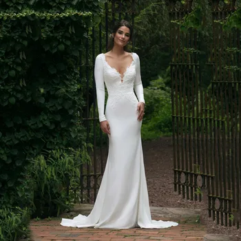 Basit Uzun Kollu V Yaka Mermaid düğün elbisesi Zarif Beyaz Dantel Aplikler gelin kıyafeti Kadınlar İçin 2022
