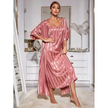 Bayan Ipek Saten Şerit Bornoz Setleri Lüks Uzun Pijama Gecelik Seksi Kayış Nighty Kimono Banyo Elbisesi Sonbahar Kadın Ev Giyim