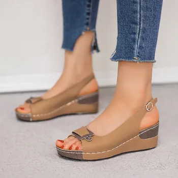 Bayanlar Sandalet Saf Renk PU Kama Topuk Balık Ağzı Kauçuk Toka Artan Düşük Üst Kaymaz Kadın Ayakkabı