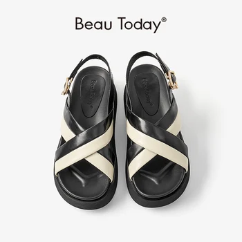 BeauToday Tıknaz Sandalet Kadın Hakiki Inek Deri Karışık Renk Slingback Toka Kayış Platformu Bayanlar Ayakkabı El Yapımı 34540