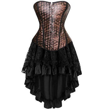 Deri Korse Elbise Seksi Kafatası Büstiyer Üstleri Etek Seti Overbust Korse Burlesque Gotik Vintage Artı Boyutu Cadılar Bayramı Kostüm