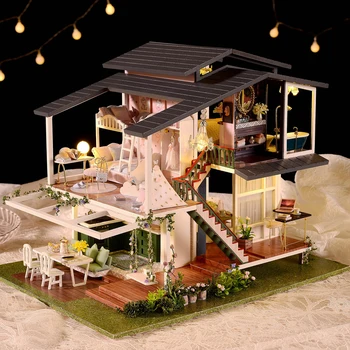 DIY Minyatür Bebek Evi Mobilya Kitleri Ahşap Romantik Modern Villa Yazlık Bulmaca Playset Kendinden Montajlı Kızlar için
