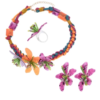 El Dokuma Renkli Akrilik Çiçek Tohumu Boncuklu Gerdanlık Kolye Yüzük Saplama küpe seti Kızlar için Boho Etnik Moda Parti Takı