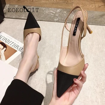 EOEODOIT Yeni Moda Deri Topuklu Ayakkabı Kadın Yeni Rahat Yüksek Arkası Açık Iskarpin Pompaları Bayan Ofis Iş Günlük Giyim Ayakkabı 7 cm