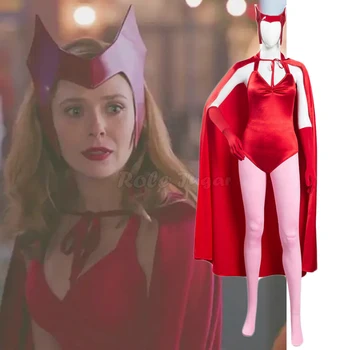 Film Wanda Görüş Scarlet Cadı Maximoff Cosplay Kostüm Seksi Kadın Cadılar Bayramı Karnaval Parti Kırmızı Tulum Pelerin Takım Elbise