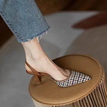 Fransız Retro 5cm Yüksek topuklu kadın ayakkabısı Sandalet Sivri Burun Kafes Yan alan Yüksek topuklu ayakkabılar Yeni Moda Tek ayakkabı