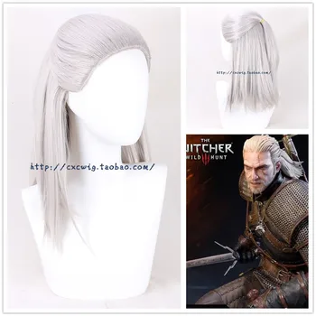Geralt'ın Rivia Cosplay Peruk Beyaz Gümüş Düz Sentetik Saç Peruk Erkekler için Parti Roman Oyunu Kostüm Cadılar Bayramı + Peruk Kap