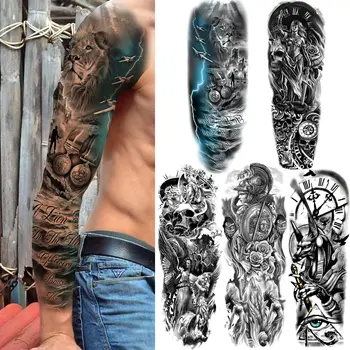 Geçici Dövme Kol Erkekler İçin Kadın Canavar Kafatası Siyah Savaşçı Dövme Sticker Büyük 3D Pusula Şeytan Tatoos Şeytan tam Kol 