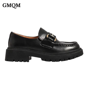 GMQM Yeni Marka moda makosen ayakkabılar Ayakkabı Platformu Hakiki Deri Pompaları Kalın Taban Slip-On İngiliz tarzı ayakkabılar Ofis Bayan Yuvarlak Ayak