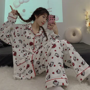 Hello Kittys Kız Pijama Sanrios Kış Pazen Anime Kawaii Karikatür Kalınlaşmak Eşofman Karikatür İki Parçalı Set noel hediyesi