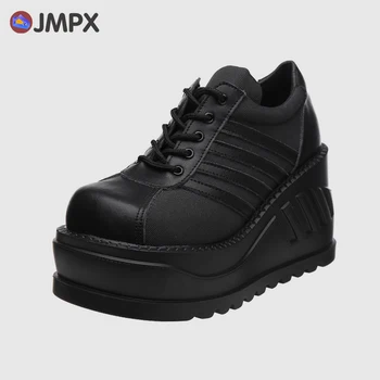 JMPX Marka Moda yarım çizmeler Serseri Ayakkabı Serin Siyah Gotik Tarzı Çizmeler Bayanlar Dantel-up Yüksek Platformu Flats Kama Kalın çizmeler