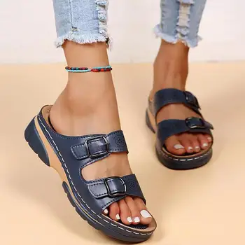 Kadın Kama Sandalet Rahat platform ayakkabılar Plaj Flip Flop Premium Ortopedik Burnu açık Sandalet Vintage Deri platform ayakkabılar