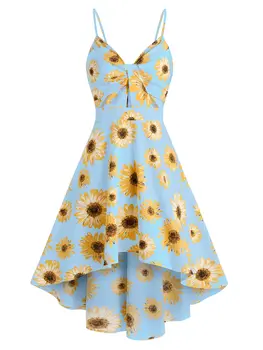 Kadın Vintage Çiçekli Baskılı Bir Çizgi Midi Sundress Spagetti Kayışı Ayçiçeği Baskı Yüksek Düşük Elbise Bahar Sonbahar Flare Vestidos