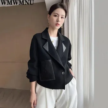 Kadınlar Chic Turn-aşağı Yaka tek göğüslü Ceket Kore Moda Yün Ceket Kadın Sonbahar Siyah Dış Giyim Ofis Bayan Ceketleri