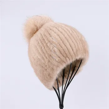 Kaliteli Kadın 100% Vizon Kürk Fox İle Kürk Pom Poms Trend Kova Caps Kadın Beanies Beanie Şapka Şapka Sıcak Kış 