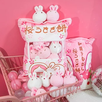 Kawaii Kiraz Çiçekleri Pembe Tavşan Peluş Bebek Bir Çanta 8 adet Sevimli Yumuşak Dolması Bunny Oyuncaklar Çocuk Kız Doğum Günü hediye