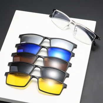 KJDDCHD 5 İn 1 Mıknatıs Polarize Klip Gözlük Çerçevesi Erkekler TR90 Optik Miyopi Klip Gözlük Erkekler İçin Gözlük Çerçevesi