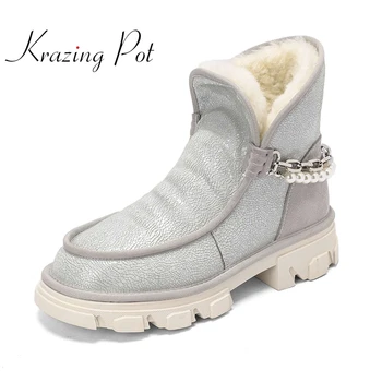 Krazing Pot Artı Boyutu Soğuk Direnci Kar Botları Kış Sıcak Tutmak Yuvarlak Ayak Med Topuk İnci Zincir Tatlı Kalma yarım çizmeler L11