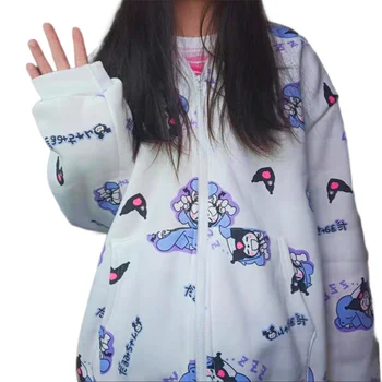 Kuromi Ceket Hoodie Kız Artı Boyutu Gevşek Üst Kawaii Anime Hırka Giyim Mymelody Cinnamorol Hello Kitty Tatil Hediye