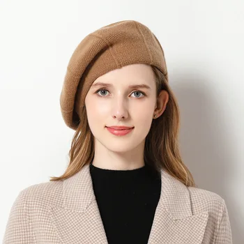 Kış 100 % Yün Bere Bere Şapka Kadın Örme Şapka Yumuşak Sıcak Bere Şapka Rahat Retro Düz Katı Fransız Sanatçı Ressam Şapka
