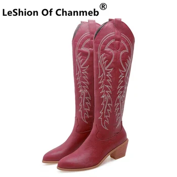 LeShıon Of Chanmeb En Büyük Boyutu 54 53 Kadın Etnik Nakış Batı Çizmeler Blok Topuk Yuvarlak Ayak Slip-on Diz Yüksek kovboy çizmesi 52