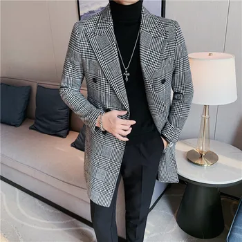 Marka Giyim Kış Erkek Yün Trençkot Ceket Uzun Slim Fit Rahat Ceket Klasik Ekose Rüzgarlık Erkek Streetwear Dış Giyim