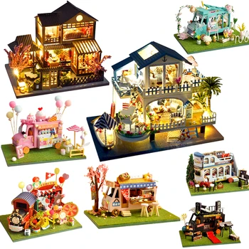 Mini Casa DIY Ahşap Bebek Evi Kiti Minyatür Mobilya Araba Dükkanı Yazlık Dollhouse Oyuncaklar Arkadaşlar Kızlar için Noel Hediyeleri