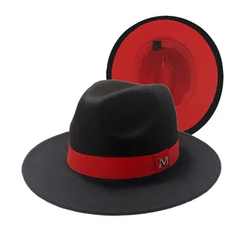 Moda Dış Siyah Iç kırmızı Yün Keçe Caz fötr şapkalar ıle Ince Kemer Toka Erkek Kadın Geniş Brim Panama Fötr Kap 56-58 CM