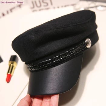 Moda Kadın Erkek Askeri Şapka Bahar Sonbahar Denizci Şapka Siyah Bayanlar Bere Kapaklar Düz Üst Kaptan Kap Seyahat Harbiyeli Sekizgen Şapka