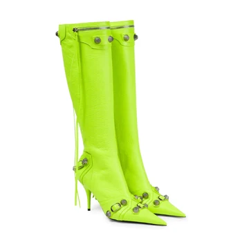 Moda Kadın Orta buzağı Çizmeler Stilettos Topuklu Sivri Burun Metal Toka Bayanlar Fermuar Perçin Katı Kadın seksi ayakkabılar 2022 Yeni