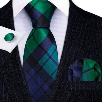 Moda Yeni Yeşil Ekose %100 % İpek Kravat Hediyeler Erkekler İçin Hediyeler Takım Elbise Düğün Kravat Barry.Wang Kravat Mendil Setleri İş LN-5332