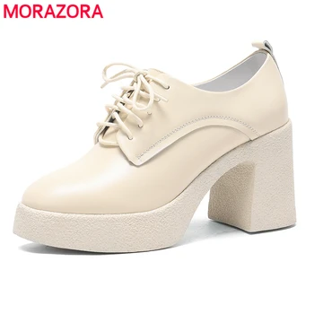 MORAZORA 2021 Yeni Hakiki deri ayakkabı Kadın Lace Up platform ayakkabılar Kalın Taban Rahat Parti Yüksek Topuklu Ayakkabı Ayakkabı