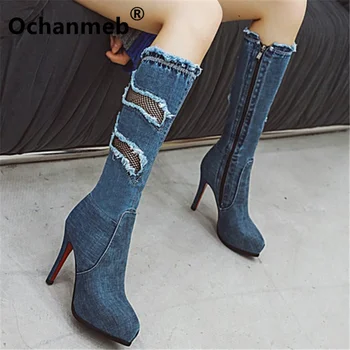 Ochanmeb Süper Yüksek İnce Topuk Mavi Jean Diz yüksek Çizmeler Kadın Yuvarlak Ayak Siyah Denim Hollow Cut-out Mesh Net İç platform ayakkabılar