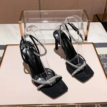 Seksi burnu açık Stiletto Parti düğün Sandalet Moda Rhinestones kadın Sandalet yaz Yeni Ayak Bileği Toka Kayış Kadın Ayakkabı