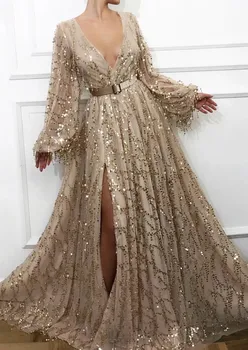 Seksi Bölünmüş Yarık Abiye 2023 Son Moda Sequins Dantel Dubai Suudi Arabistan Balo Abiye Uzun Kollu Örgün Parti Elbise