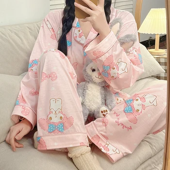 Sevimli Karikatür Pijama Kawaii Kuromi My Melody Cinnamoroll Uzun Kollu Pamuklu Kore Tarzı Ev Giysileri İki Parçalı Girly Kalp Hediye