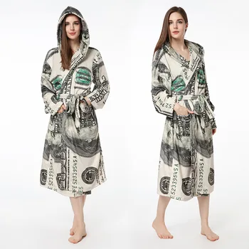 Sonbahar Kış Kadın Gecelik Flanel Elbise Dolar Para Baskı Bornoz Gecelik Kadın Pijama Erkekler için Kemer İle