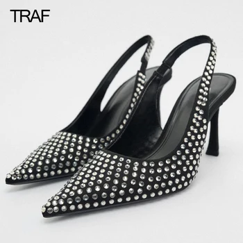 TRAF Kadınlar Yüksek Topuklu Kristal Siyah Glitter Topuklu Zarif Kadın topuklu ayakkabılar 2022 Pompaları Sivri Burun Stilito topuklu moda ayakkabılar