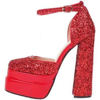 UVRCOS Kırmızı Glitter Süslenmiş Yüksek Topuk Ayakkabı Süper Yüksek Platformu Ayak Bileği Kayışı Kadın Sandalet Seksi Kalın Topuklu Düğün Ayakkabı