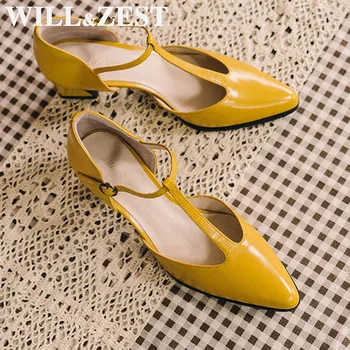 Will & Zest Sarı Pompaları T-Kayışı Patent Deri Topuklu Sürükle Kraliçe Ayakkabı Bordo Tıknaz Mary Jane Parkside Blok Sandalet Kadın 2020