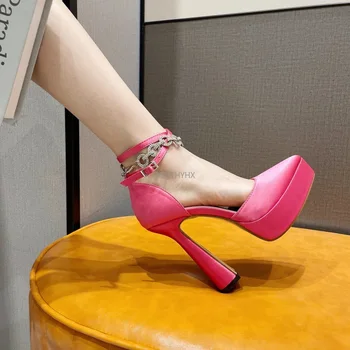 Yaz Moda Bayanlar Yüksek Topuklu Ayakkabılar Sivri Burun Düğün Balo Ayakkabı Taklidi Kapak Topuklu Ayak Bileği Toka Seksi kadın Pompaları