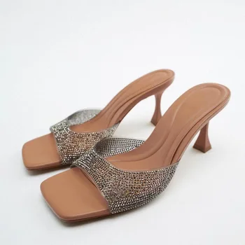 Yaz PVC Taklidi Topuklu Terlik Kadın 2022 TRAF Moda Bling Stiletto Pompaları Kadın Seksi Kare Slingback plaj sandaletleri Yeni