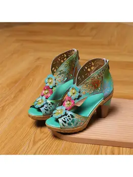 Yaz sandalet kadın 2022 retro Hakiki Deri Peep Toe 9.5 CM Kare topuk Peep Toe Çiçek Platformu Rahat kadın ayakkabı mavi